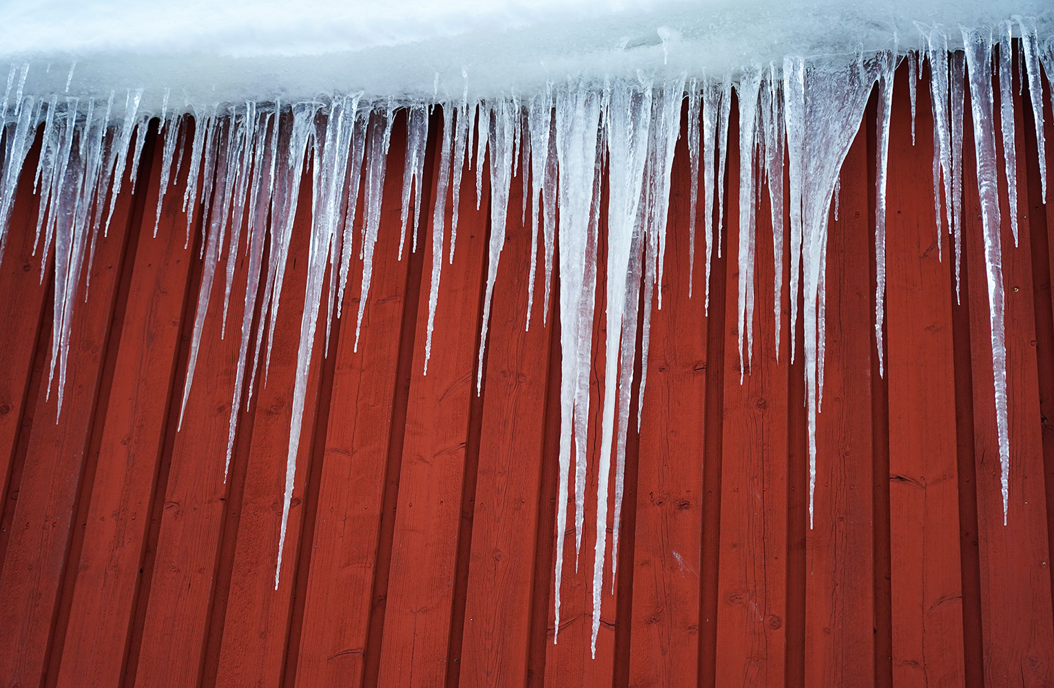 Stora istappar hänger från snöfyllt tak, framför röd träfasad.
