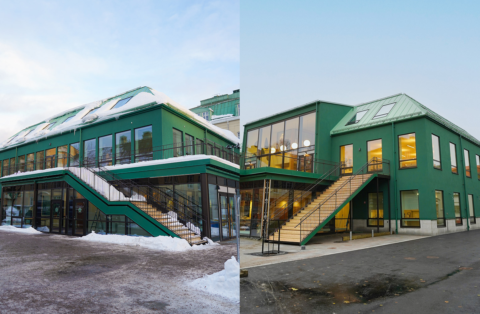 Två olika bilder bredvid varandra, båda på moderna hus med raka linjer i mörkare grön färg med grönt tak. Skolrestaurang och naturvetarhus.