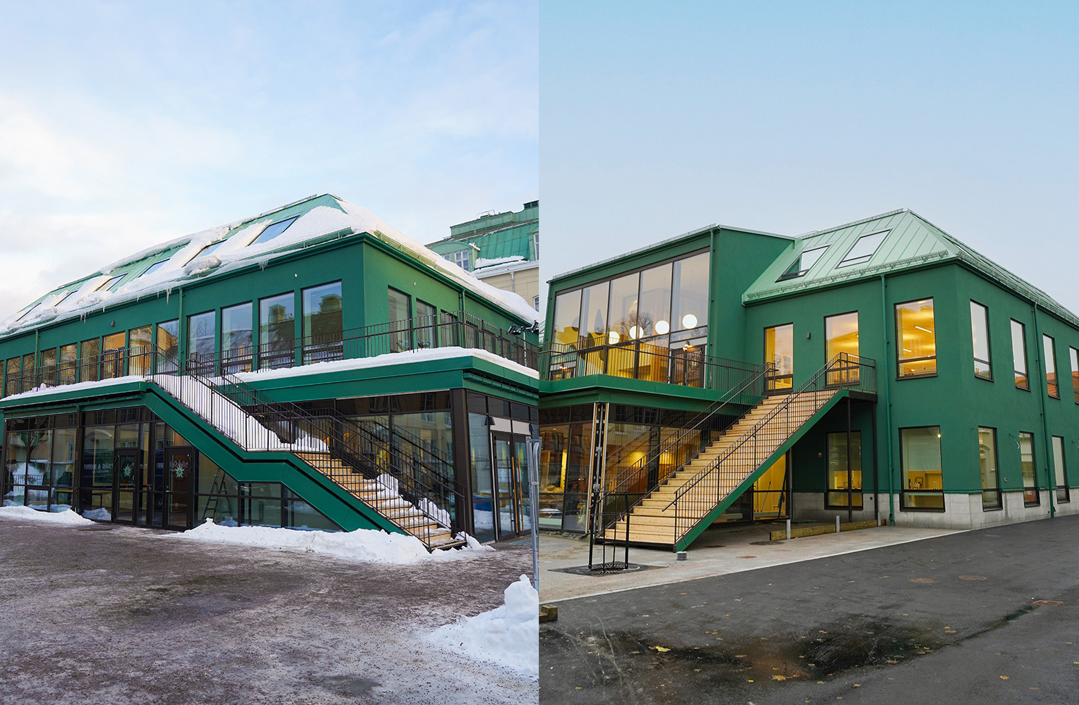 Två gröna hus med två våningar. Trappor utvändigt till båda husen.