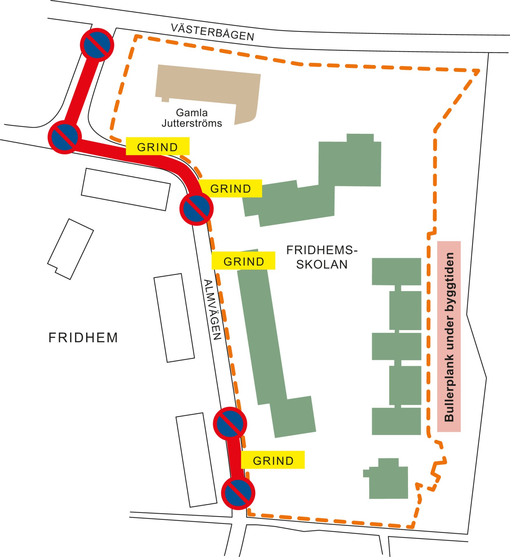 Ritning över området med markering av infart Västerbåden och den del av Almvägen som det inte är möjligt att parkera på.