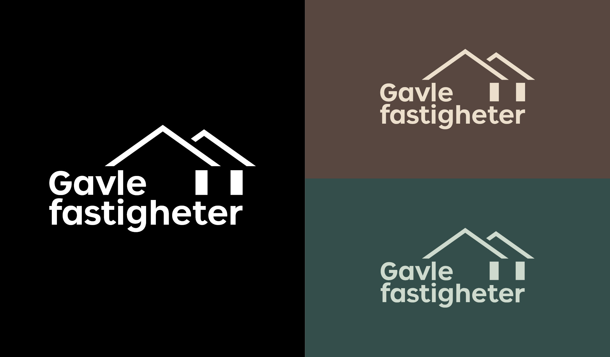 Gavlefastigheters logotype i tre olika utföranden. Vit logotyp på svart bakgrund. Logotype i ljusbeige färg på varmgrå bakgrund. Logotype i ljusgrön färg på mörkrön bakgrund. 
