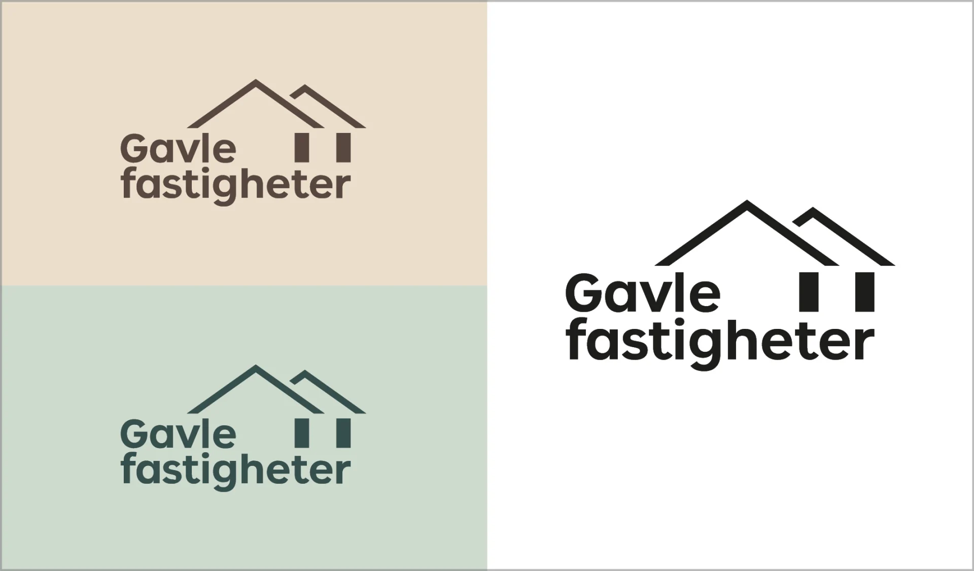 Gavlefastigheters logotype i tre olika utföranden. Logotype i varmgrå färg på beige bakgrund. Logotype i mörkgrön färg på ljusgrön bakgrund. Svart logotyp på vit bakgrund.