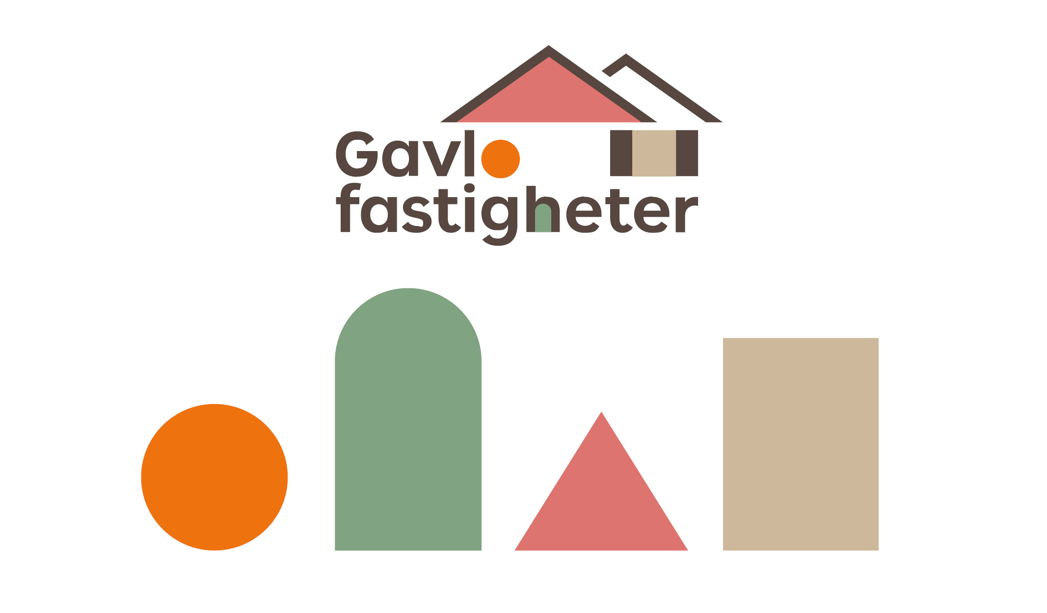 Fyra geometriska former, en orange cirkel, en grön portal, en korallfärgad triangel och en beige rektangel.
